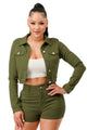 Army Green Stretchy Long Sleeve Cropped Jacket | Classic Button-Down Style