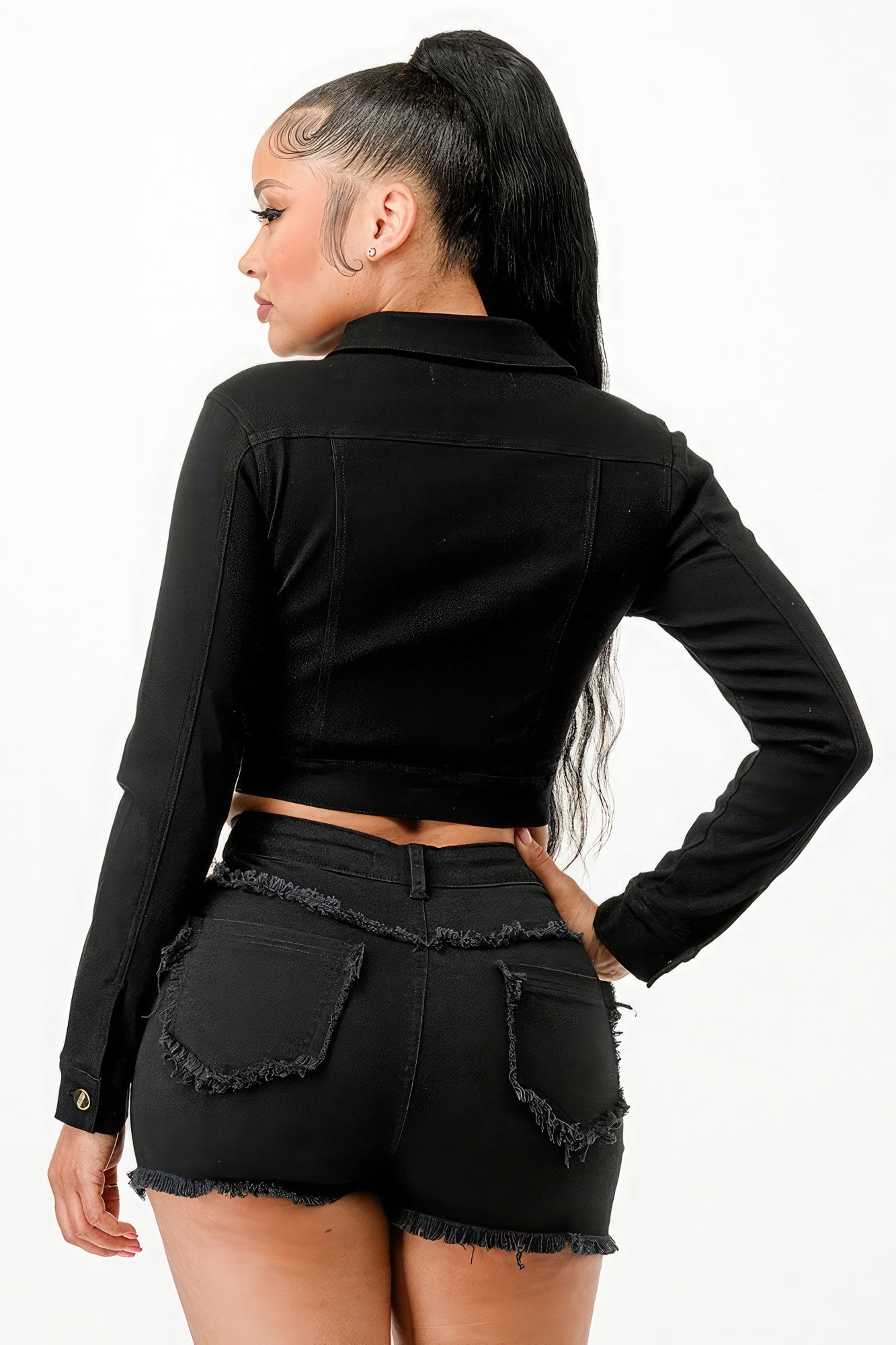 Classic Black Stretchy Long Sleeve Cropped Jacket | Versatile & Stylish