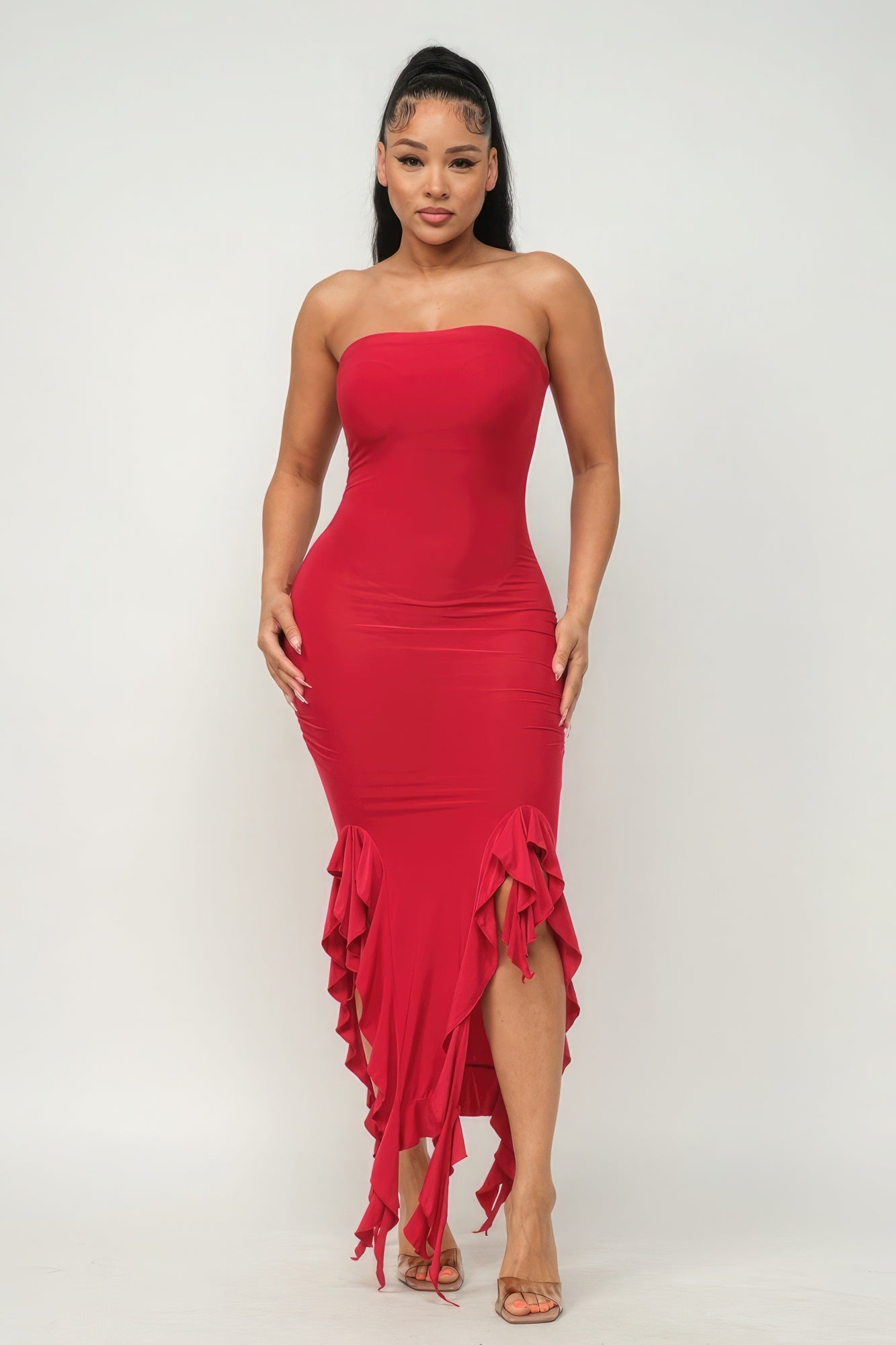 Red Ruffle Hem Tube Maxi Dress - Bold Elegance & Modern Style