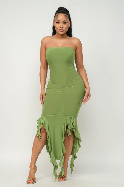 Green Ruffle Hem Tube Maxi Dress - Sophisticated & Elegant