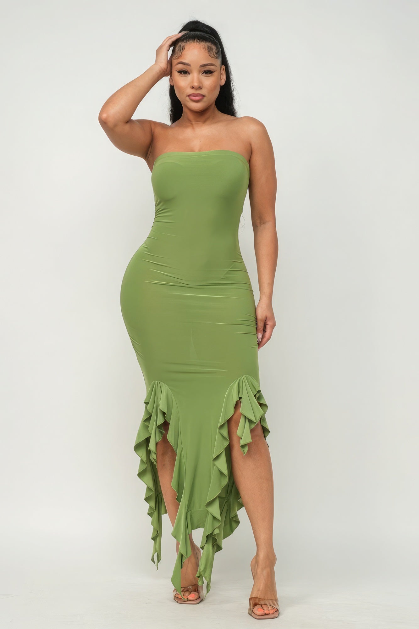 Green Ruffle Hem Tube Maxi Dress - Sophisticated & Elegant