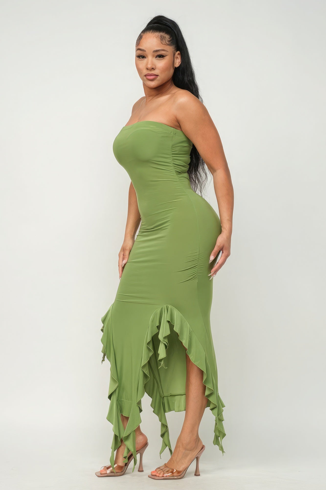 Green Ruffle Hem Tube Maxi Dress - Sophisticated & Elegant