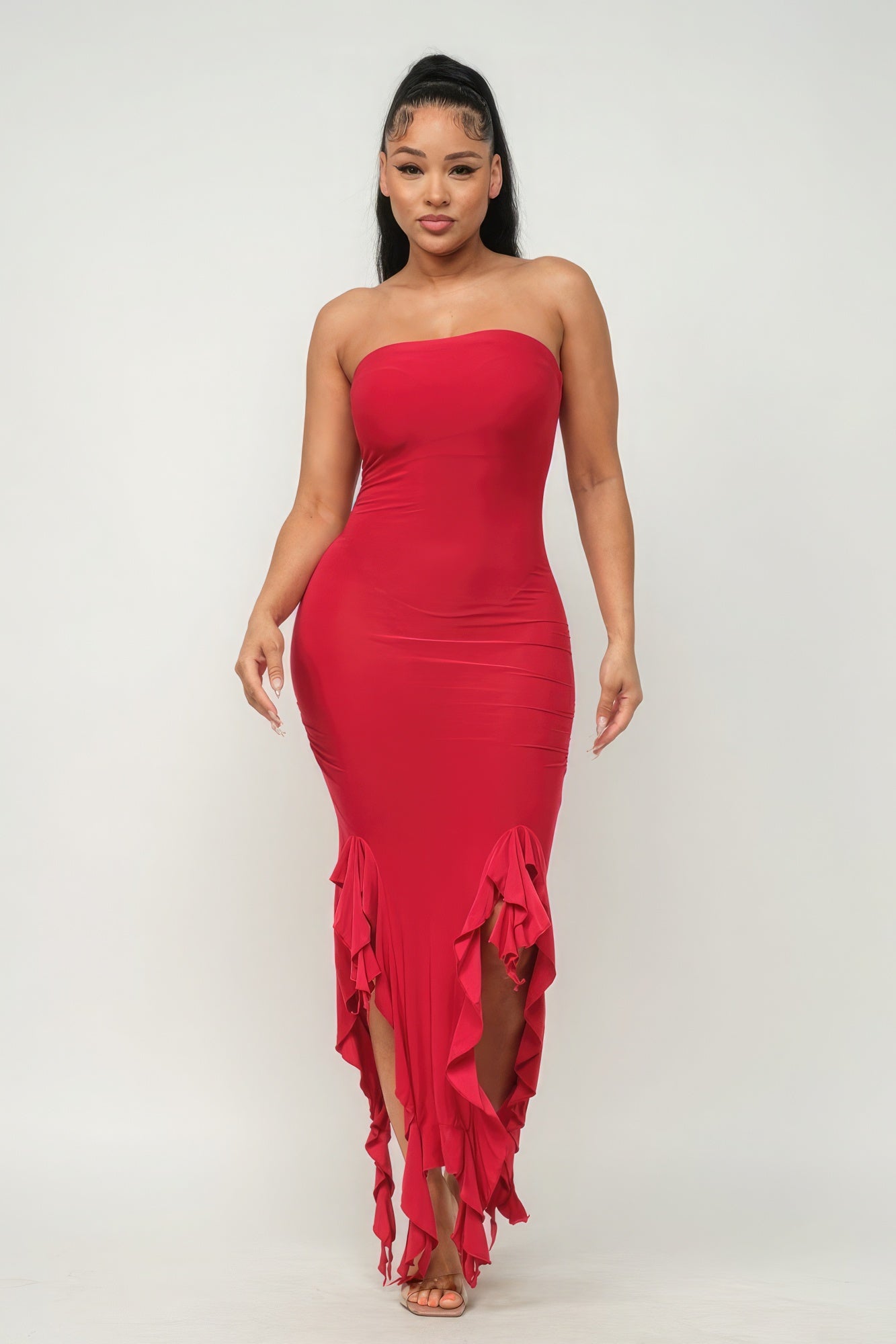 Red Ruffle Hem Tube Maxi Dress - Bold Elegance & Modern Style