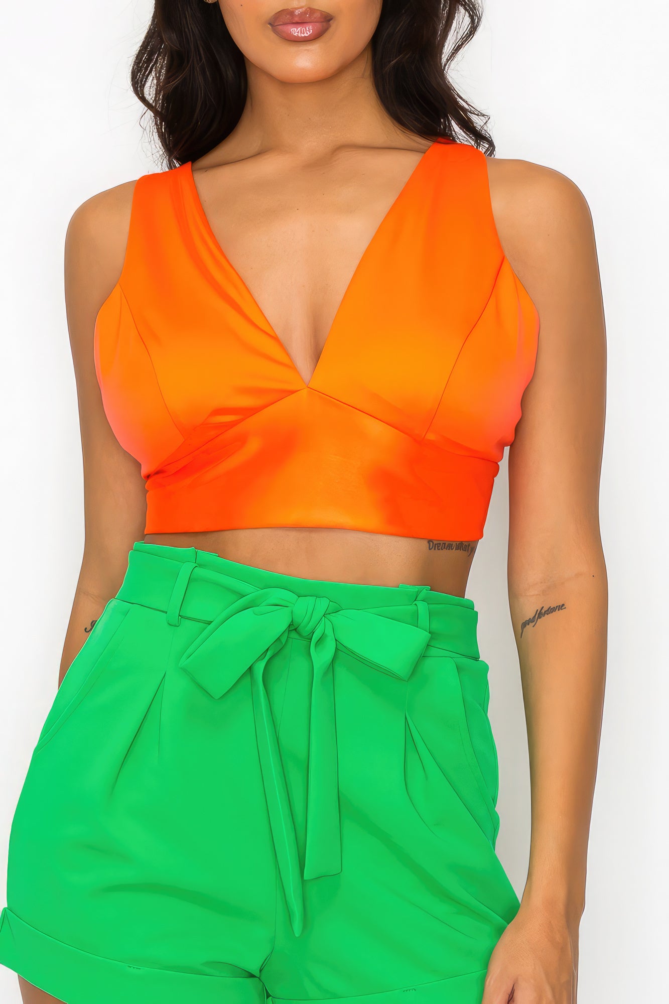 Orange V-Neck Satin Crop Top