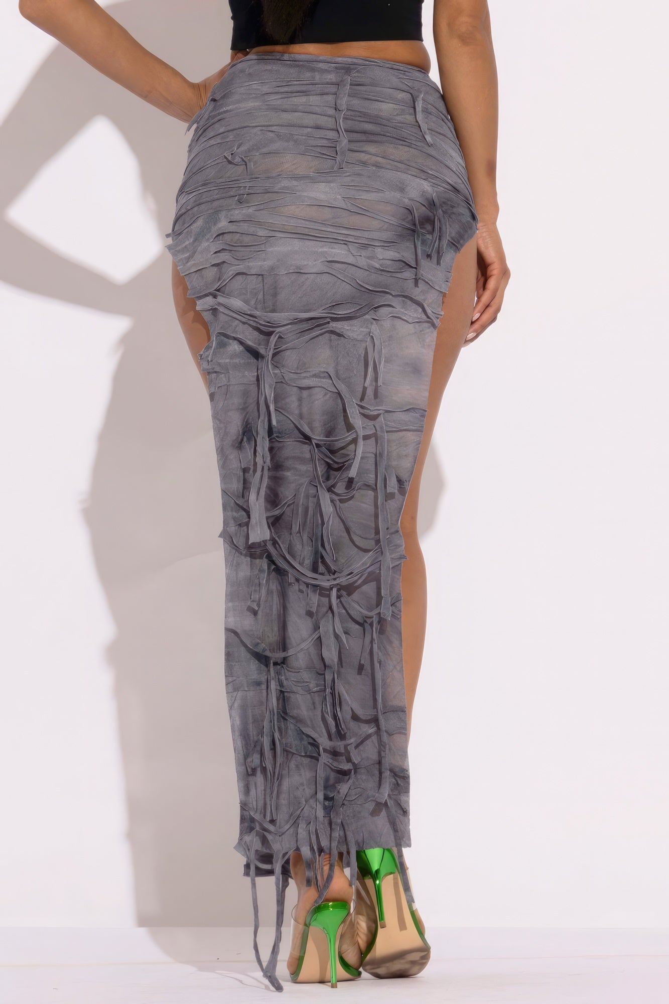 Gray Distressed Maxi Skirt With Thigh-High Split - Fashion-Forward and Edgy