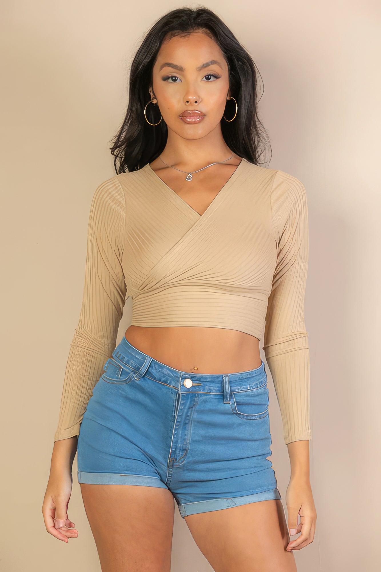 Khaki Ribbed Surplice Long Sleeve Crop Top-Fashionable & Trendy