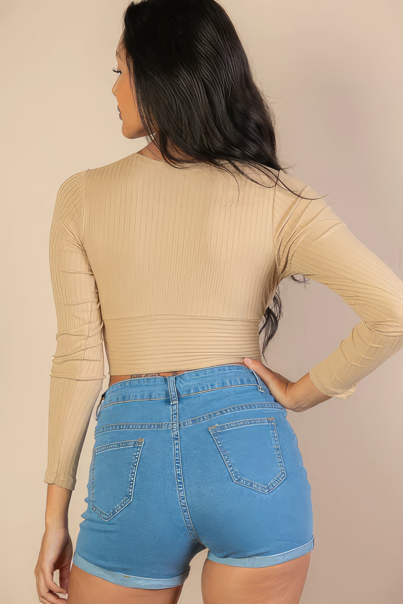 Khaki Ribbed Surplice Long Sleeve Crop Top-Fashionable & Trendy