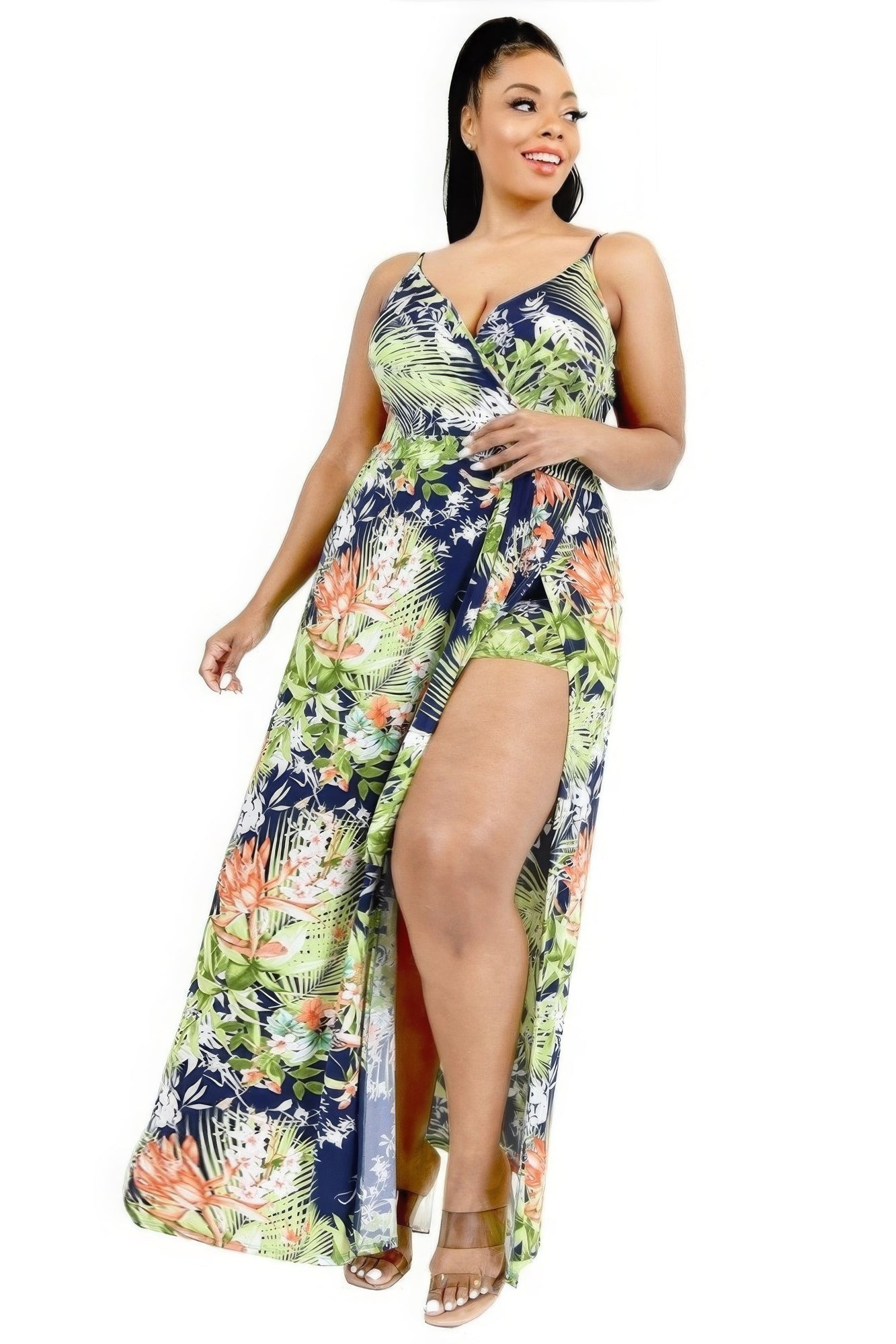 Tropical Leaf Print Surplice Maxi Dress Plus