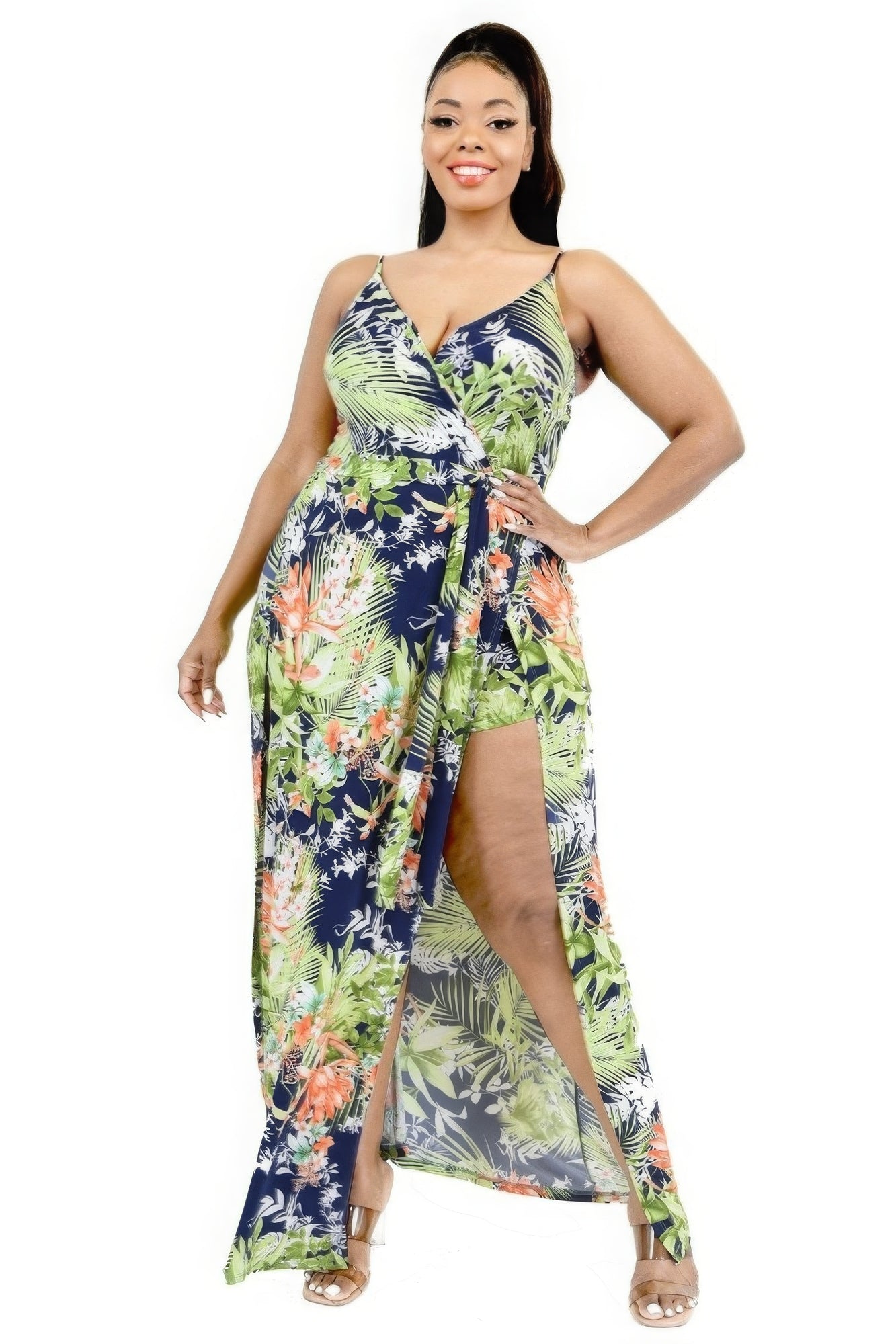 Tropical Leaf Print Surplice Maxi Dress Plus