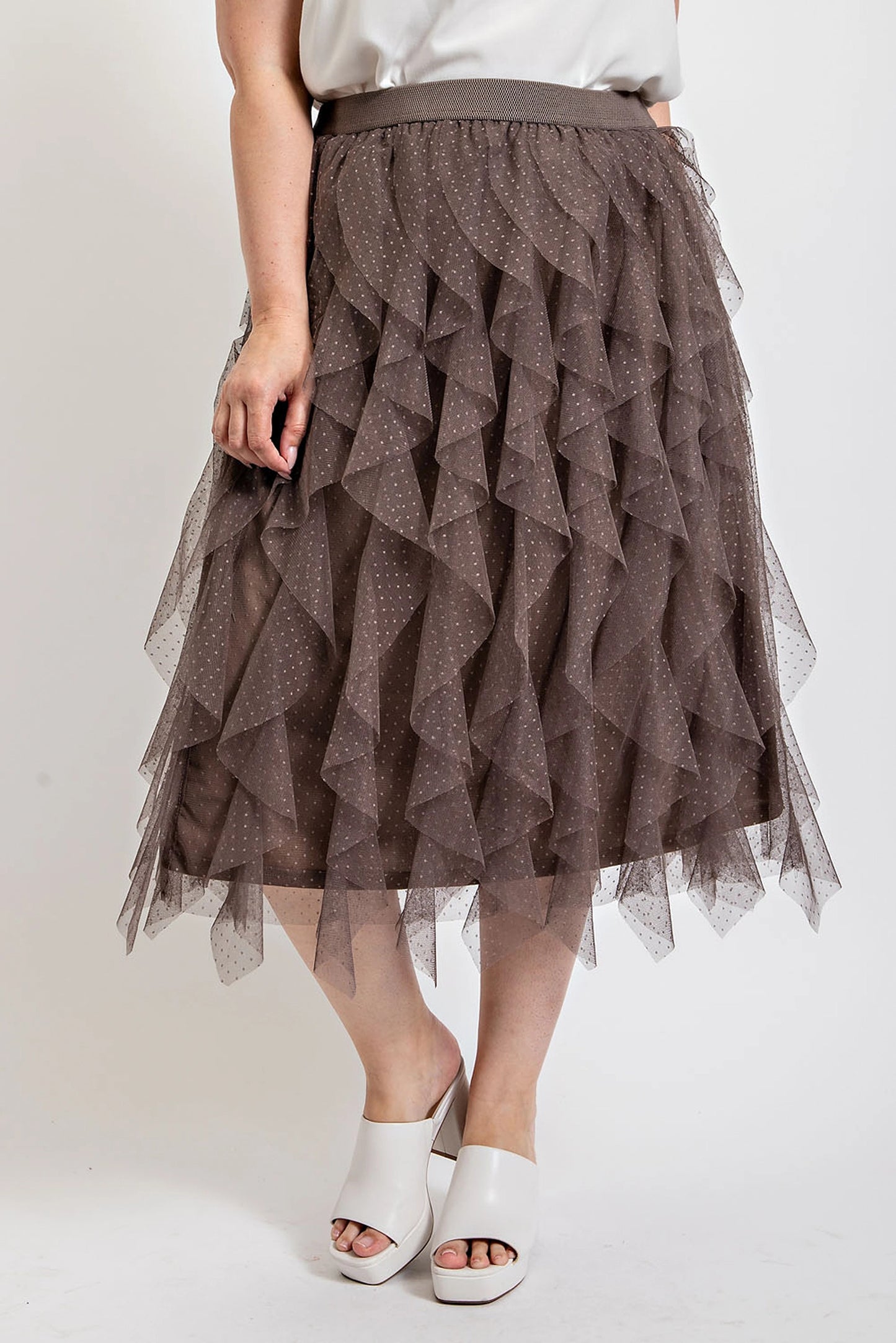 Brown Ruffled Tulle Midi Skirt - Timeless Elegance in Every Layer