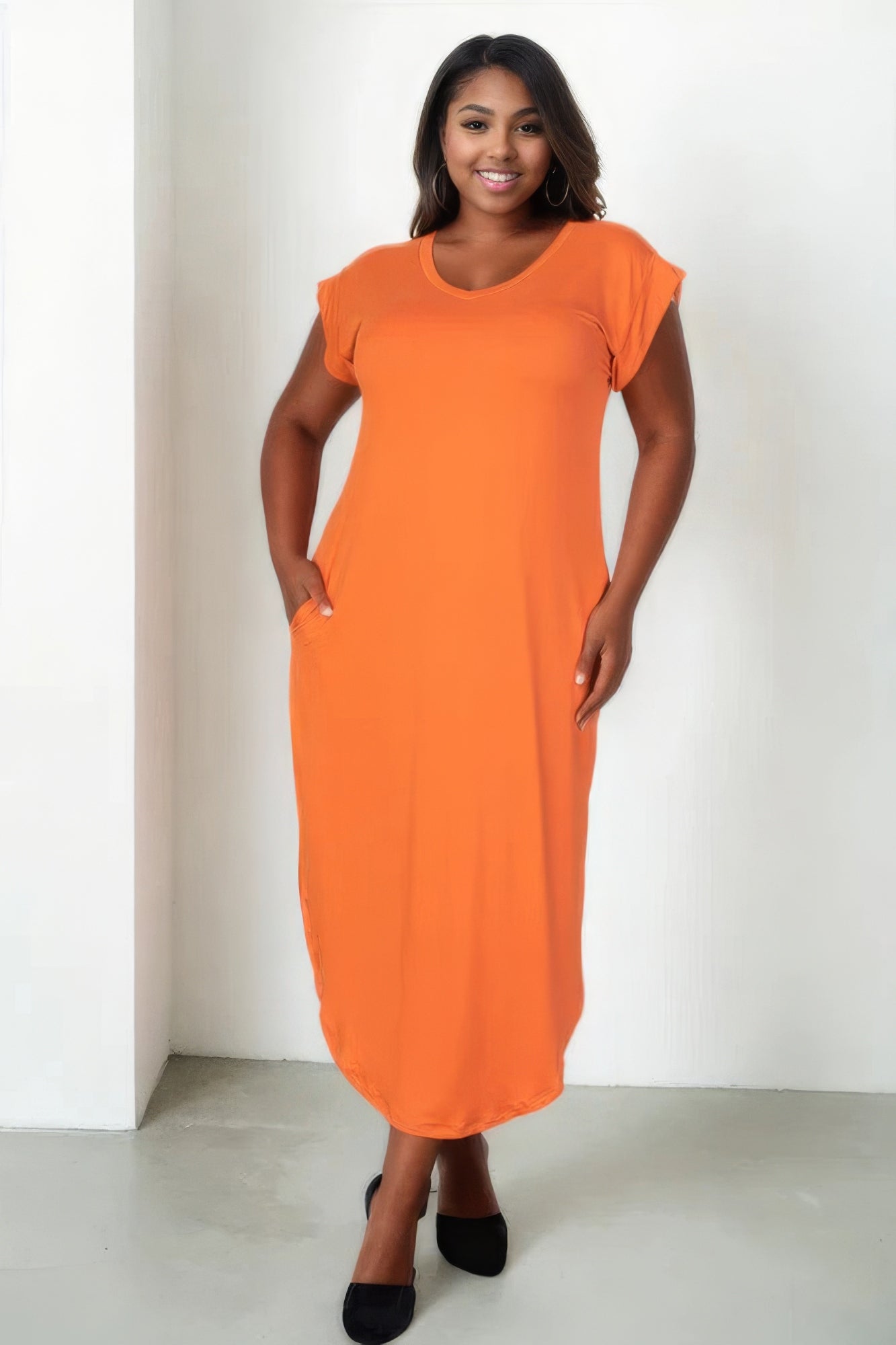 Orange Plus Size V-Neck Maxi Dress