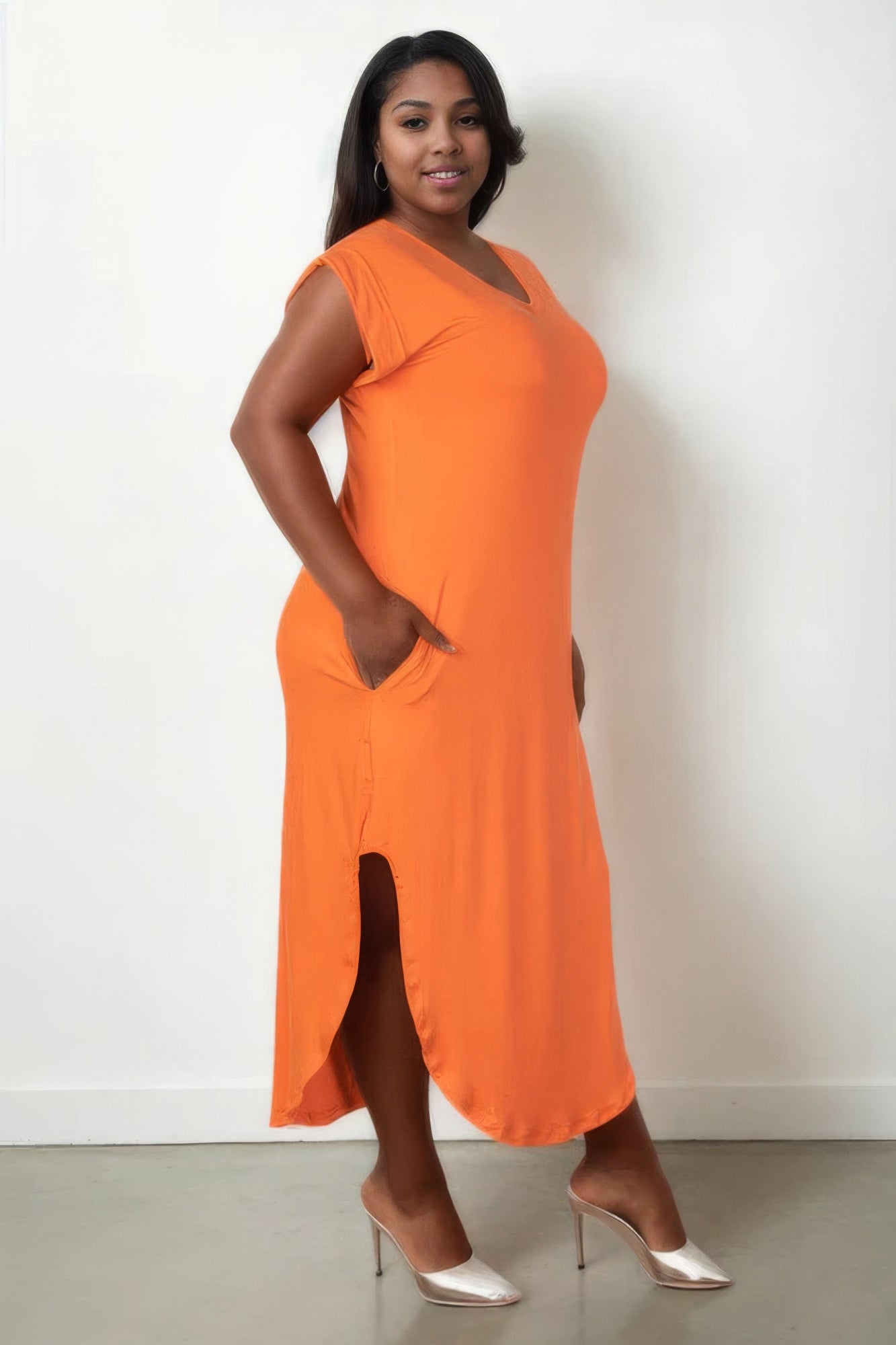 Orange Plus Size V-Neck Maxi Dress