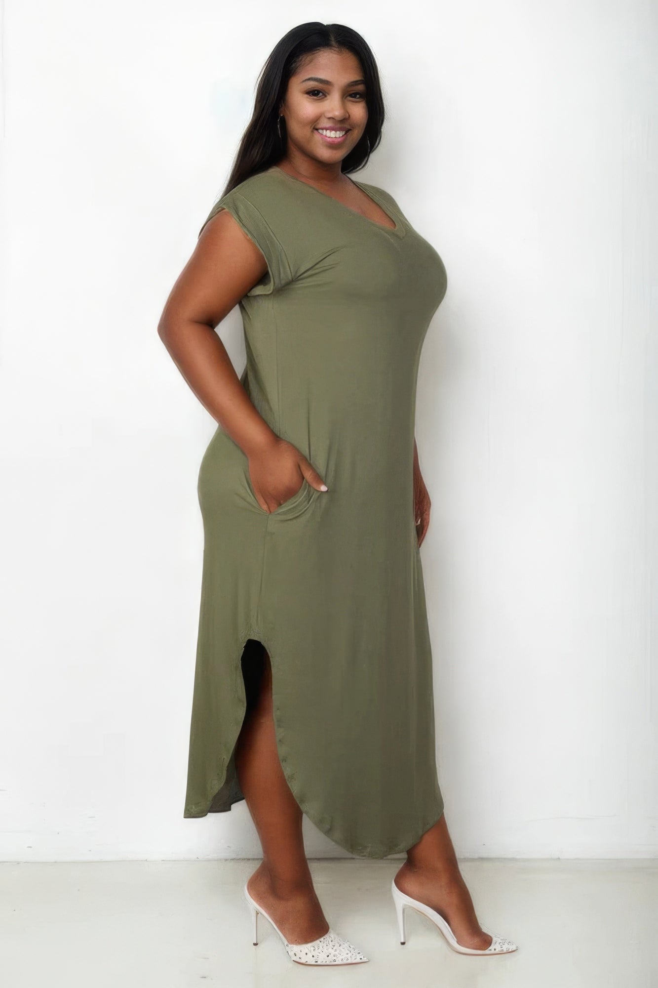 Olive Plus Size V-Neck Maxi Dress