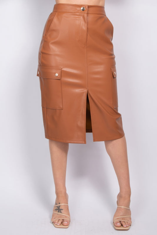 Cognac Faux Leather High-Rise Cargo Skirt