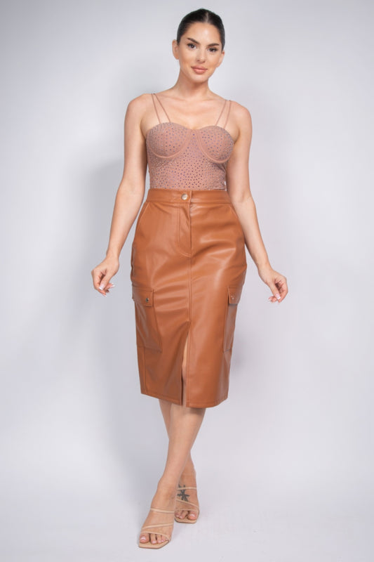 Cognac Faux Leather High-Rise Cargo Skirt