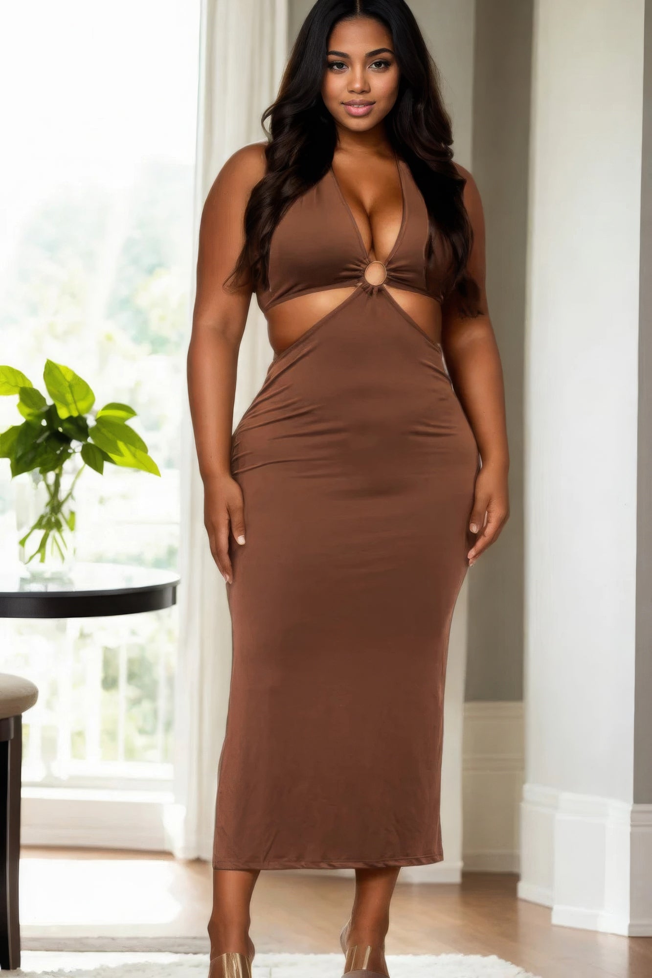 Brown Plus Size Cut-out Halter Midi Dress