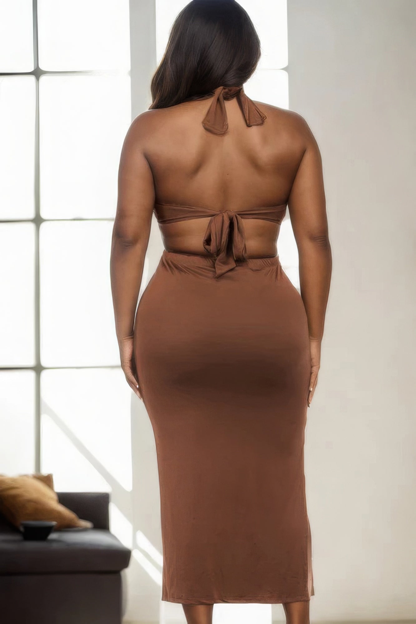 Brown Plus Size Cut-out Halter Midi Dress