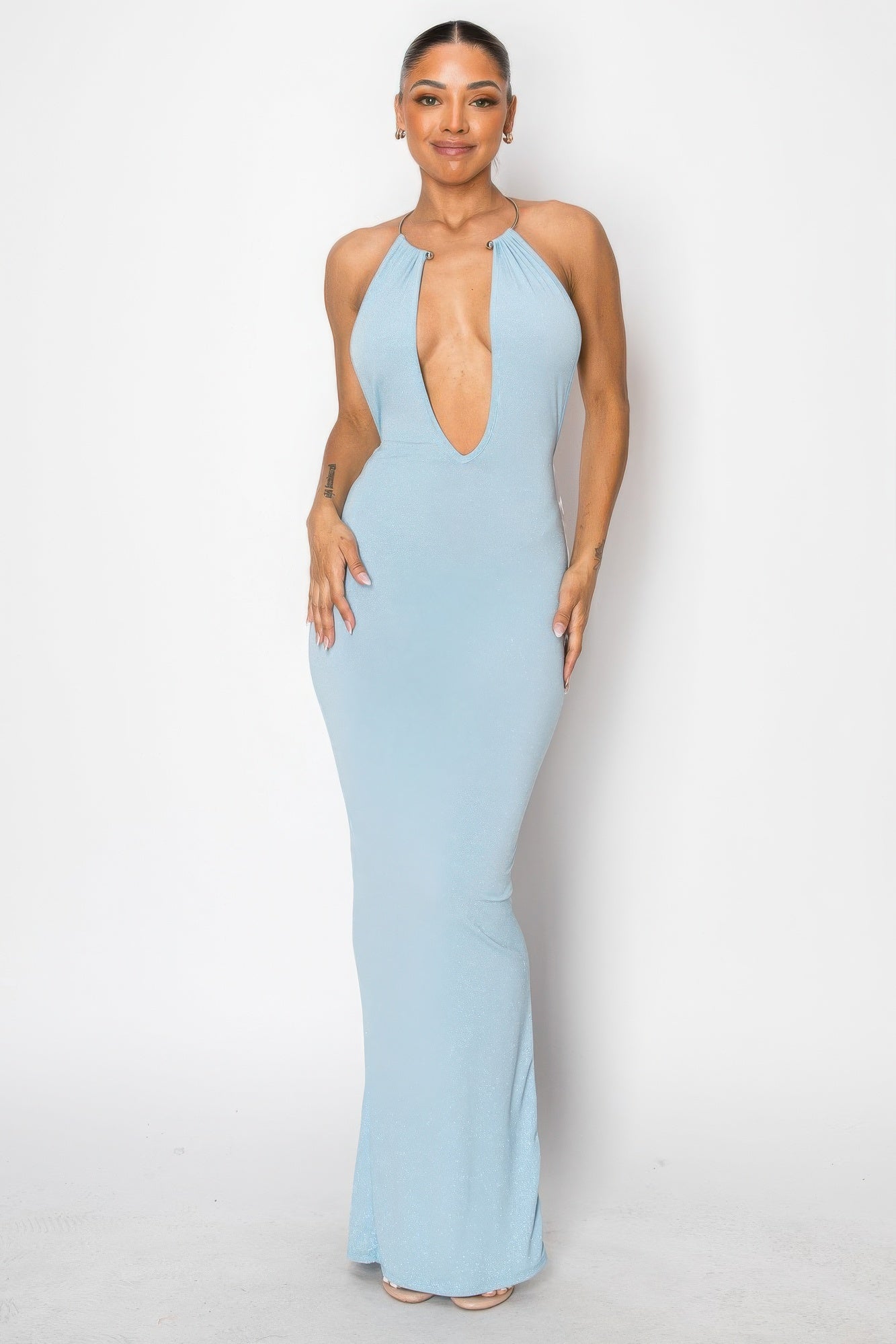 Light Blue Halter Necklace Maxi Dress-Elegant & Glamourous