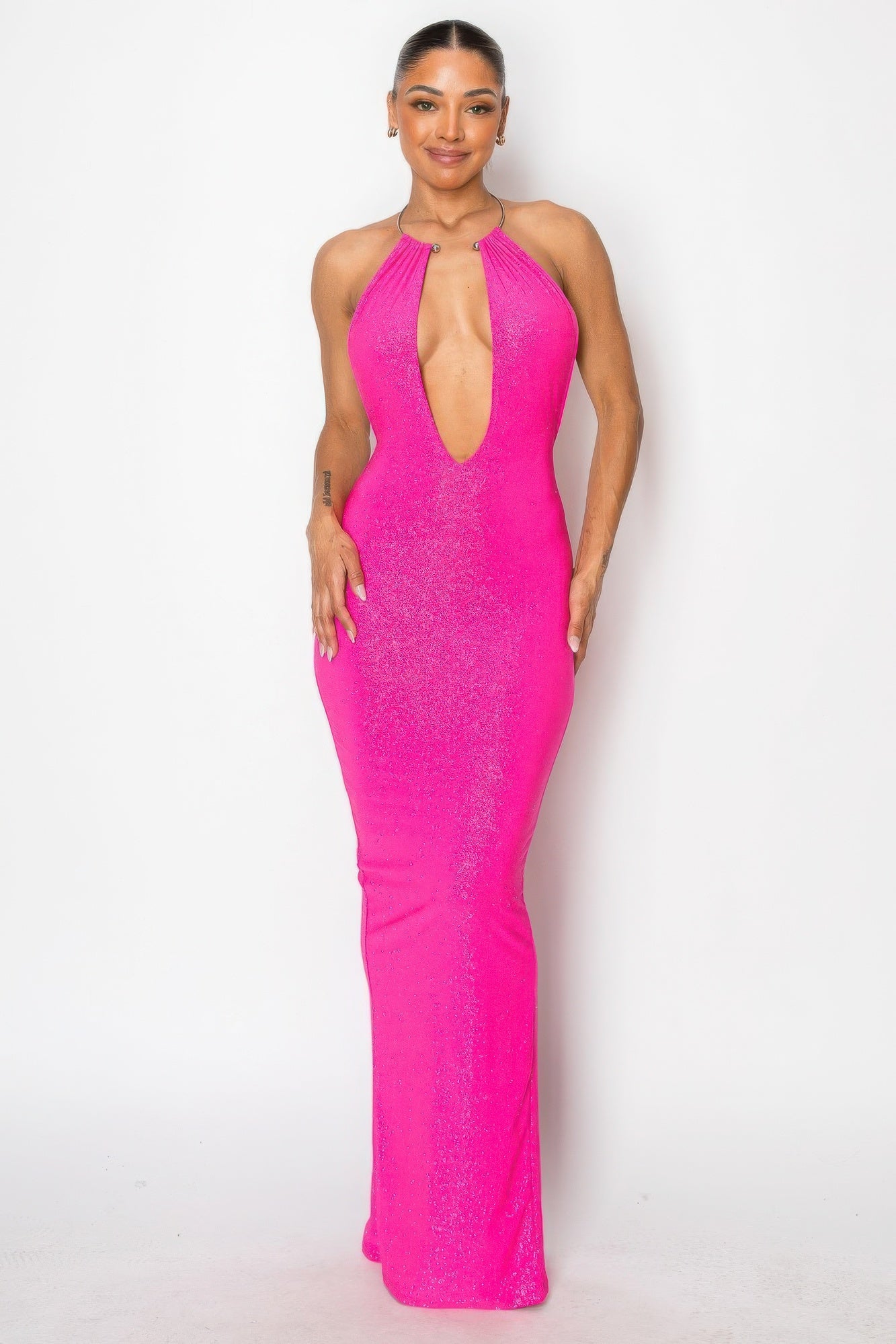 Exquisite Hot Pink Halter Neck Maxi Dress – Elegant Evening Gown