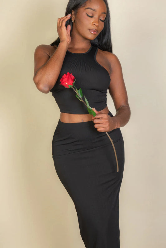 Black Ribbed Cropped Top and Maxi Skirt Set | Stylish & Comfortable Two-Piece Outfit