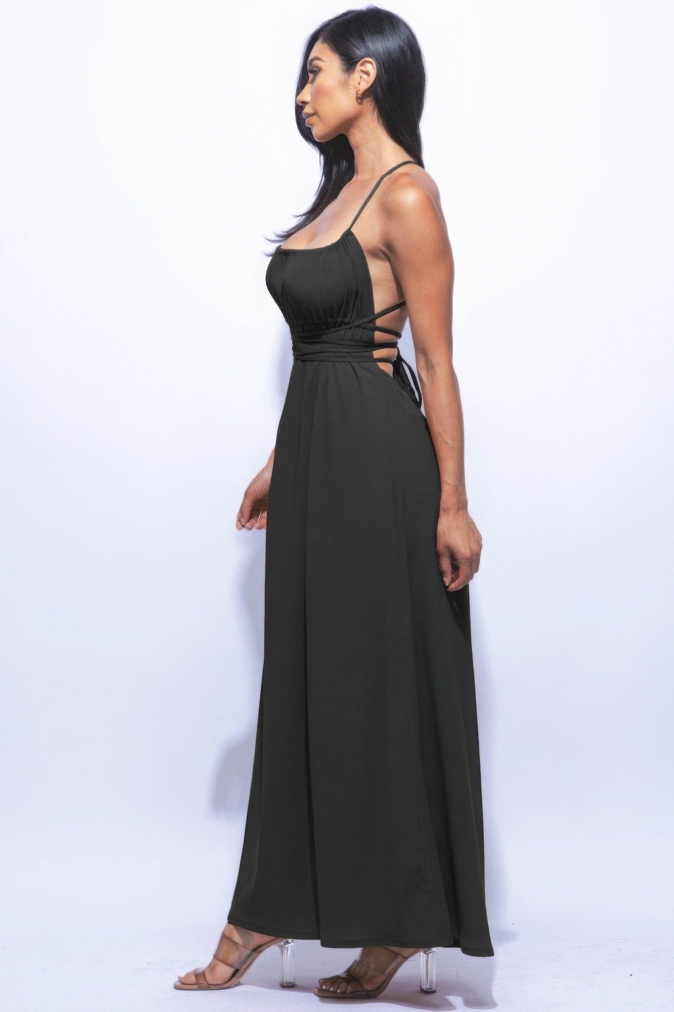 Black Spaghetti Strap Maxi Dress with Side Slit – Elegant & Comfortable