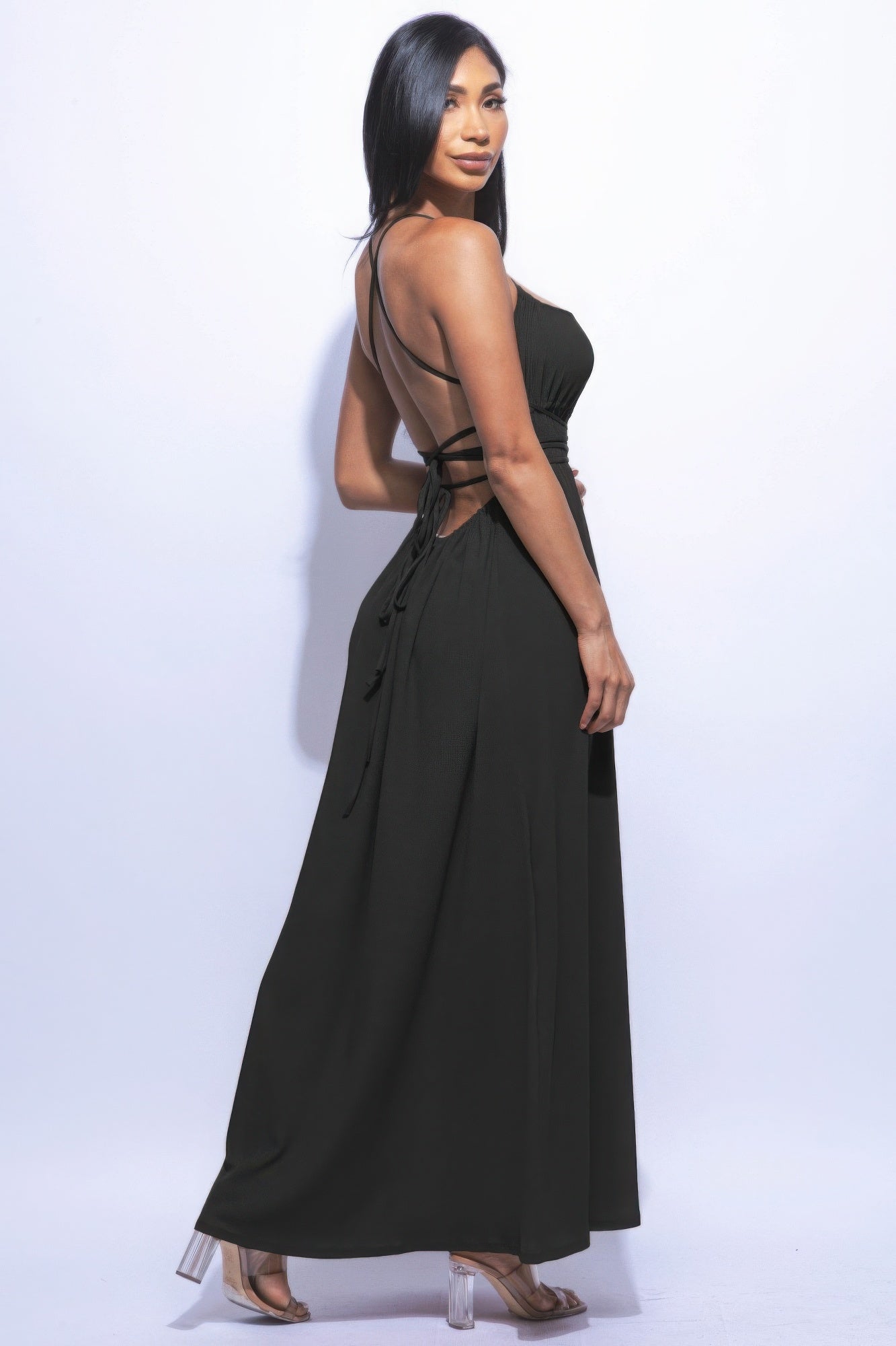 Black Spaghetti Strap Maxi Dress with Side Slit – Elegant & Comfortable