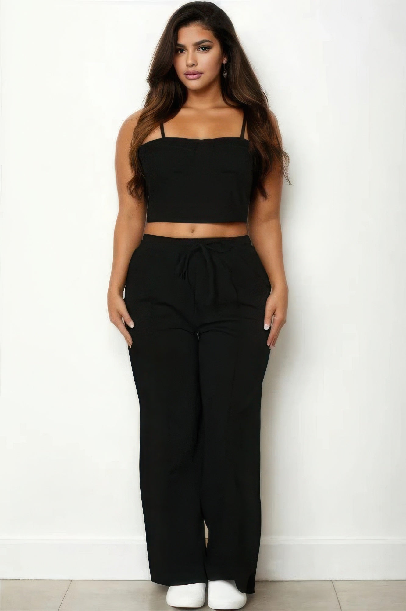 Black Plus Size Bustier Cami Crop Top & Pants Set– Sleek and Stylish Look! - Shopping Therapy, LLC Sets