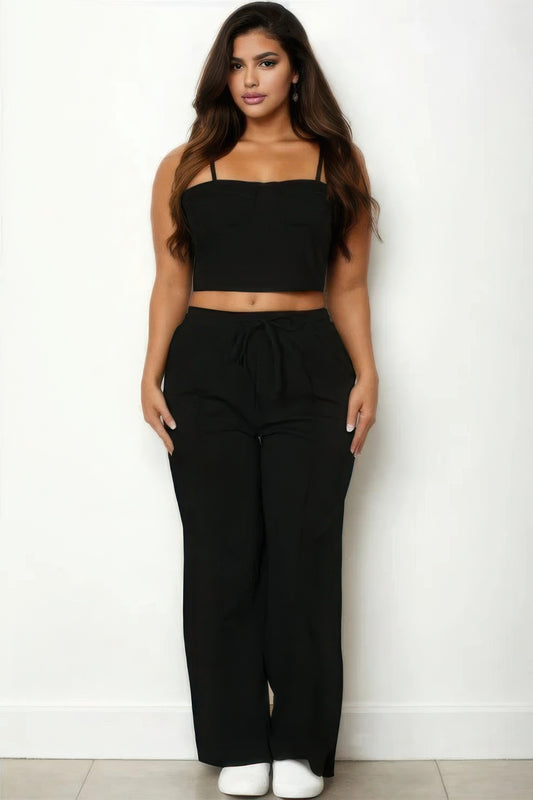 Black Plus Size Bustier Cami Crop Top & Pants Set– Sleek and Stylish Look!