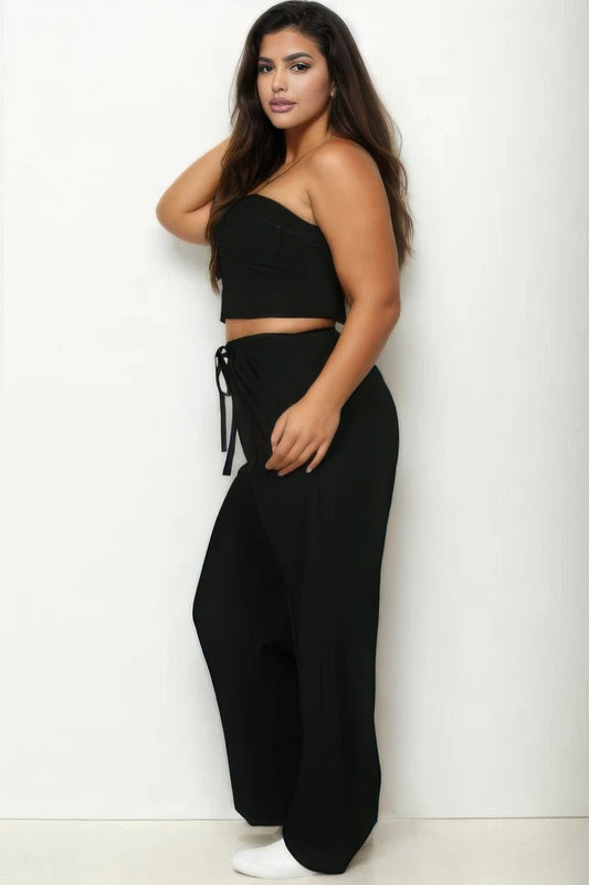 Black Plus Size Bustier Cami Crop Top & Pants Set– Sleek and Stylish Look!