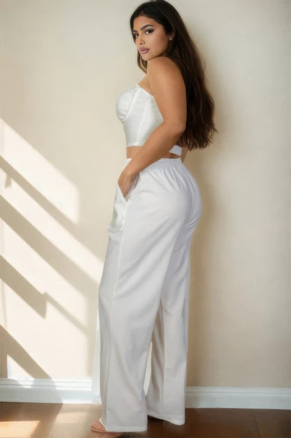 White Plus Size Bustier Cami Crop Top & Pants Set – Chic and Modern Look - Shopping Therapy, LLC Sets