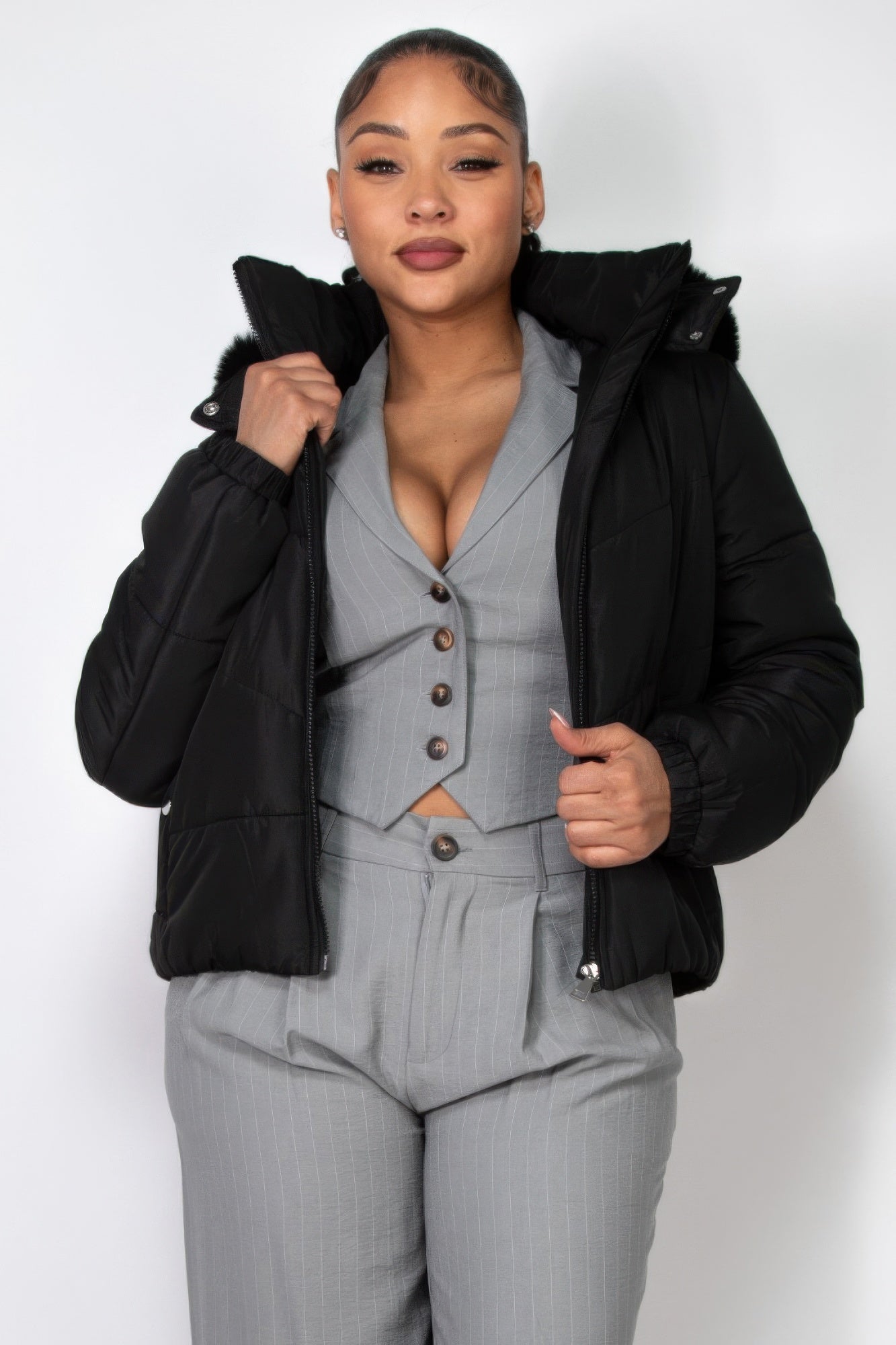 Black Insulated Faux Fur Hooded Jacket – Warm Winter Essential