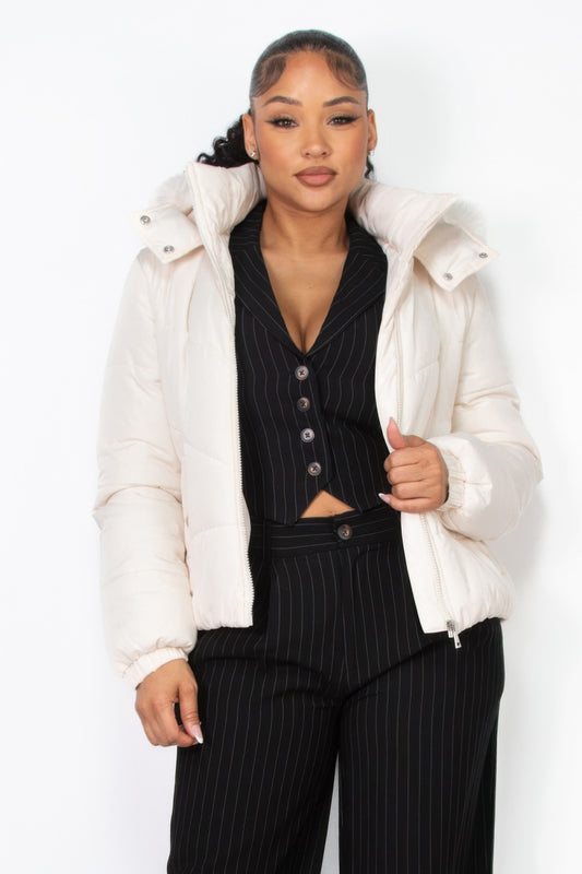 Ivory Insulated Faux Fur Hooded Jacket – Stylish for Cold Days