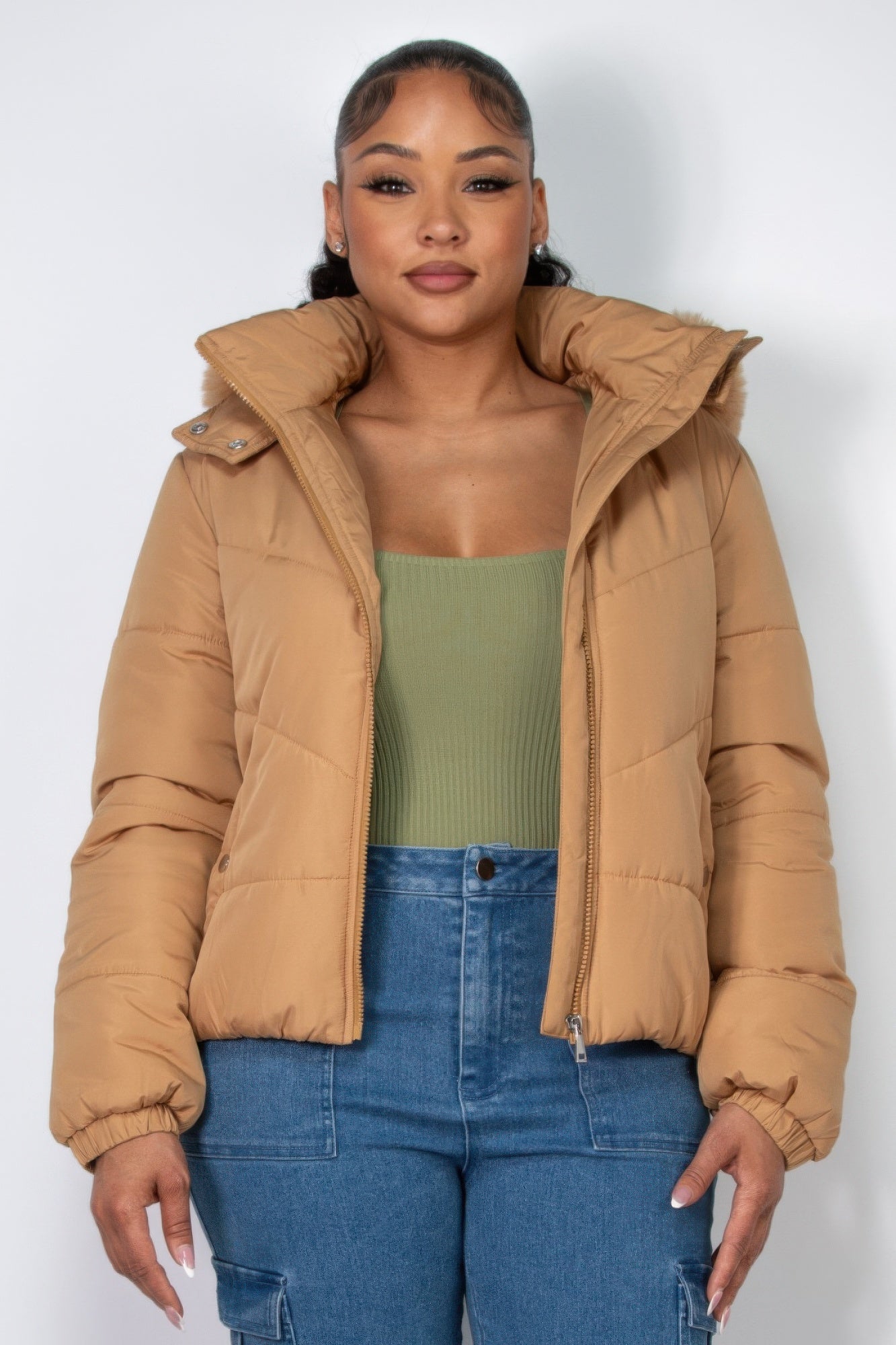 Khaki Insulated Faux Fur Hooded Jacket – Stylish Winter Wear