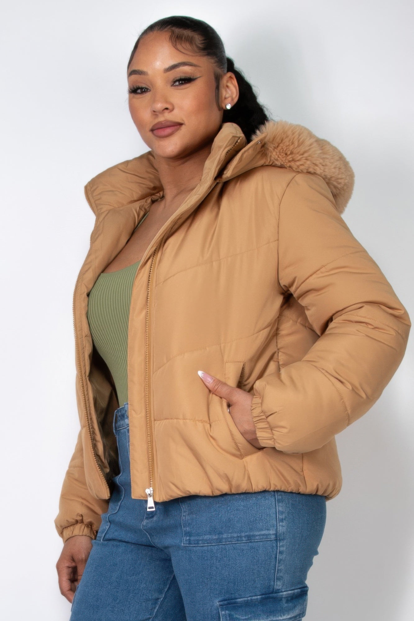 Khaki Insulated Faux Fur Hooded Jacket – Stylish Winter Wear