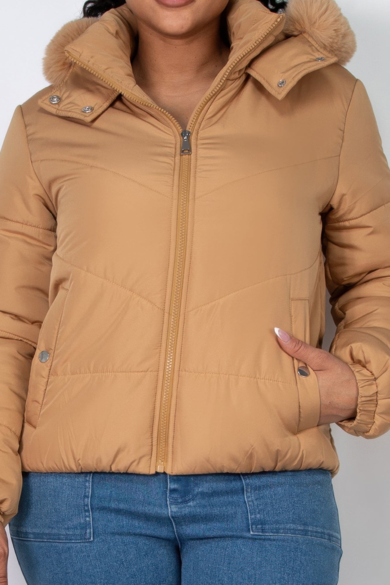 Khaki Insulated Faux Fur Hooded Jacke