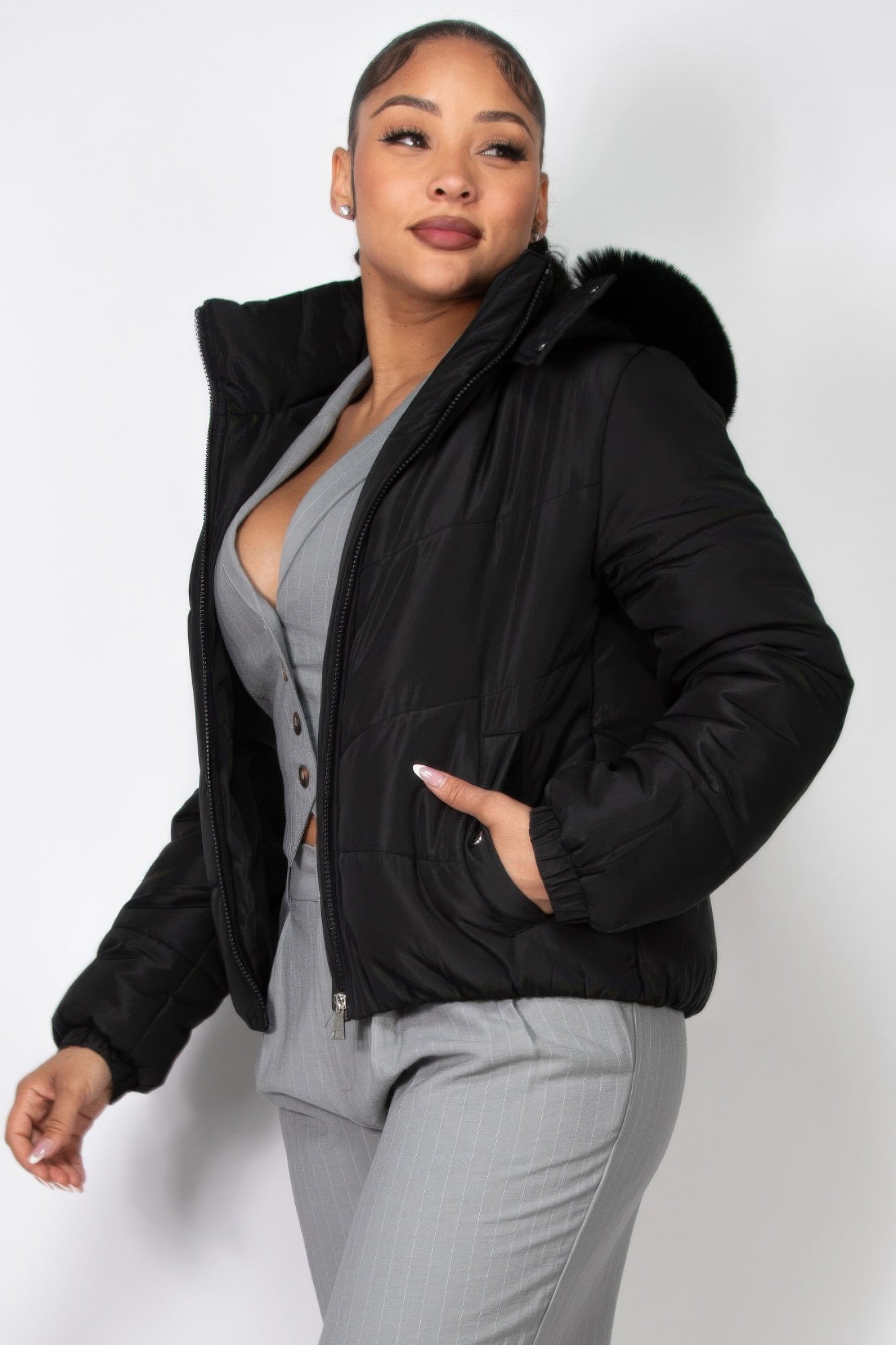 Black Insulated Faux Fur Hooded Jacket – Warm Winter Essential