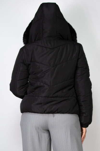 Black Insulated Faux Fur Hooded Jacket – Warm Winter Essential