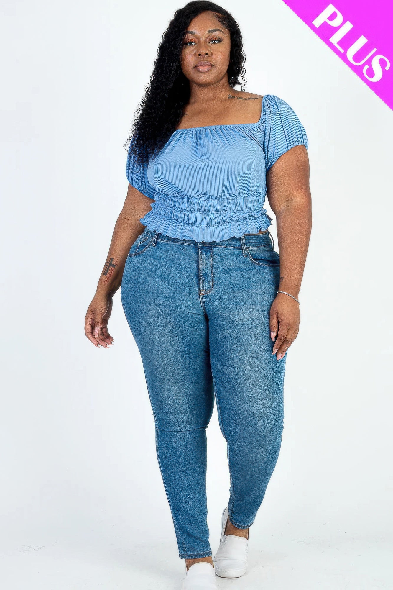 Blue Plus Size Ruched Short Sleeve Ribbed Knit Top – Trendy and Comfortable