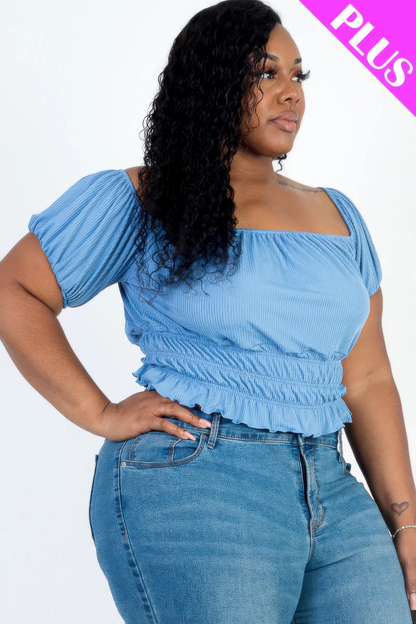 Blue Plus Size Ruched Short Sleeve Ribbed Knit Top – Trendy and Comfortable
