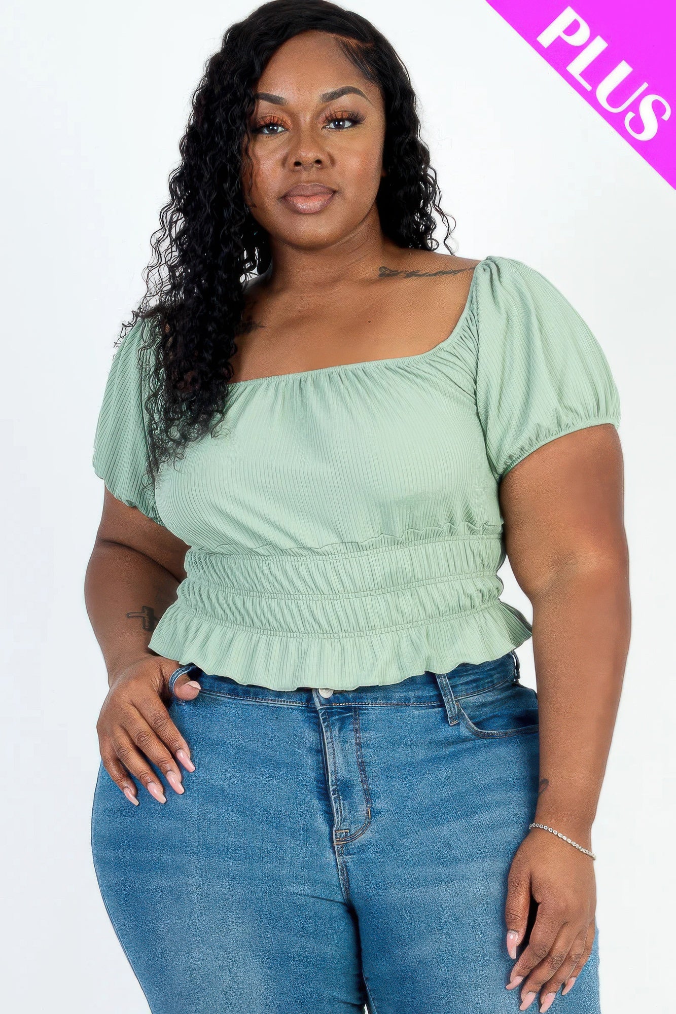 Mint Plus Size Ruched Short Sleeve Ribbed Knit Top - Fresh & Stylish Pop of Color