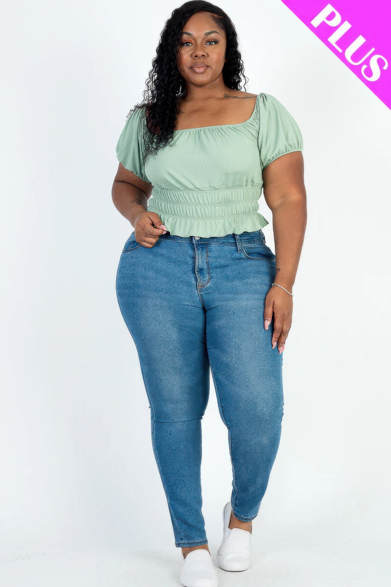 Mint Plus Size Ruched Short Sleeve Ribbed Knit Top - Fresh & Stylish Pop of Color
