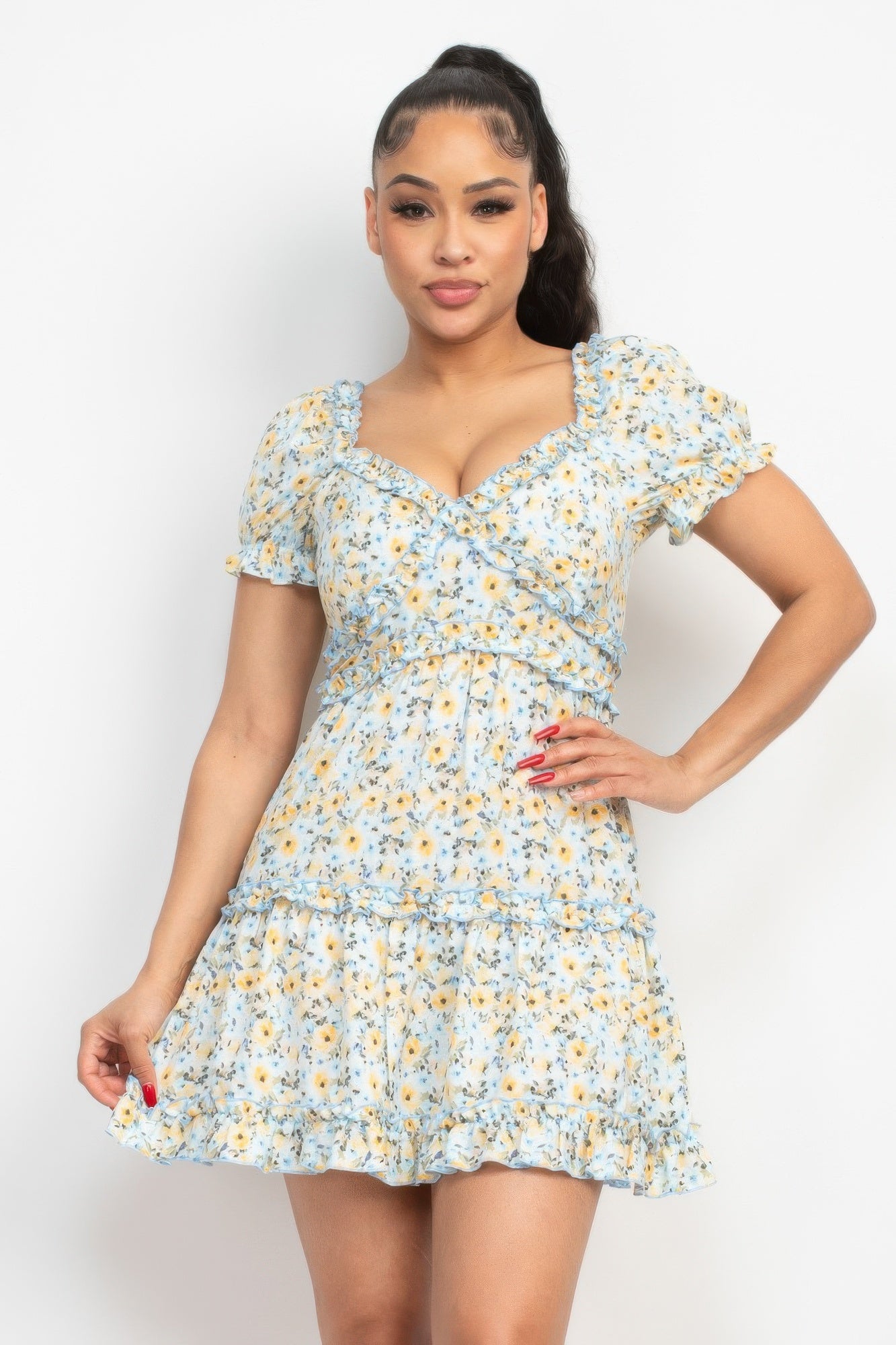 Blue Ruffled Short Sleeve Mini Floral Dress|Feminine & Flowy Style