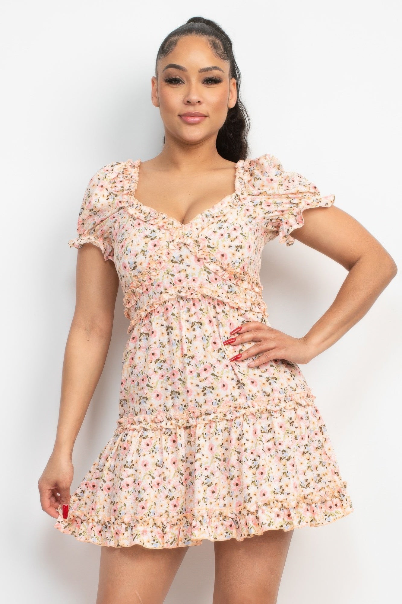 Pink Ruffled Short Sleeve Mini Floral Dress| Lightweight & Breezy
