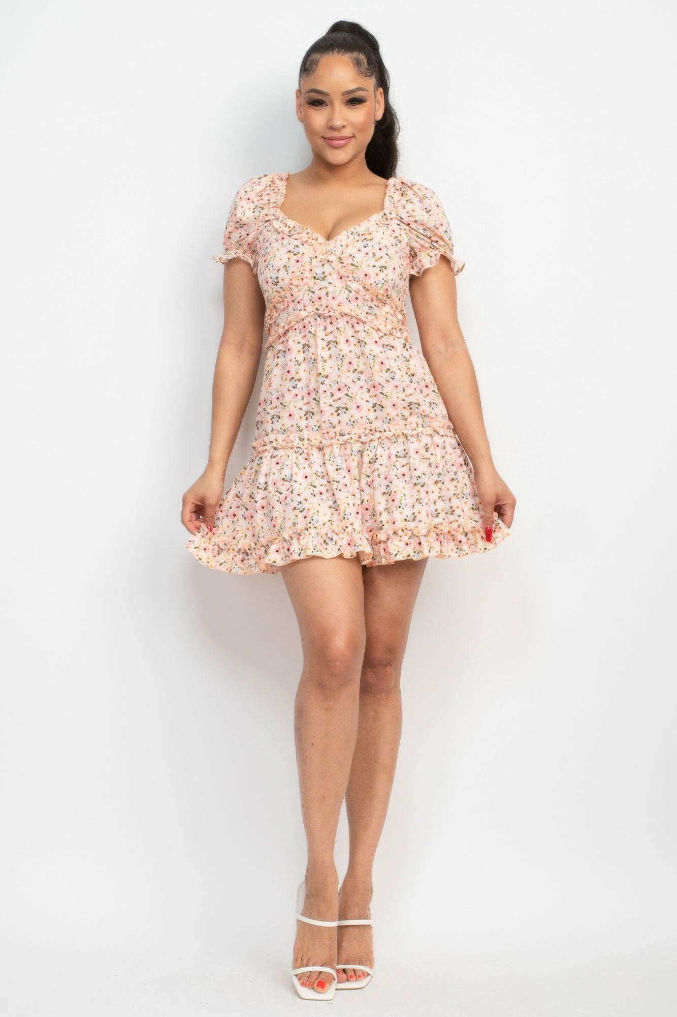 Pink Ruffled Short Sleeve Mini Floral Dress| Lightweight & Breezy