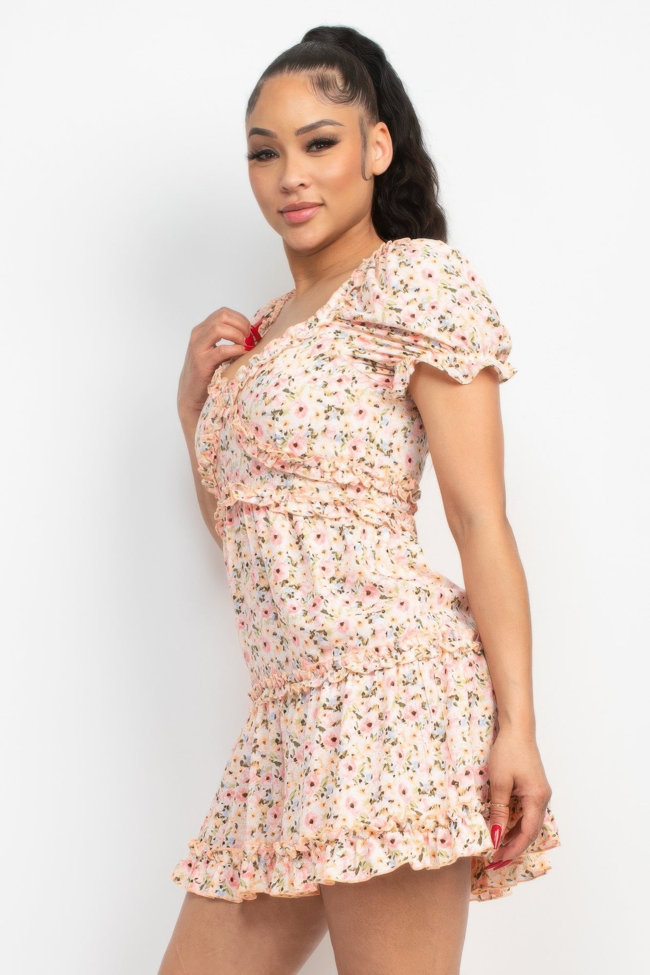 Pink Ruffled Short Sleeve Mini Floral Dress| Lightweight & Breezy