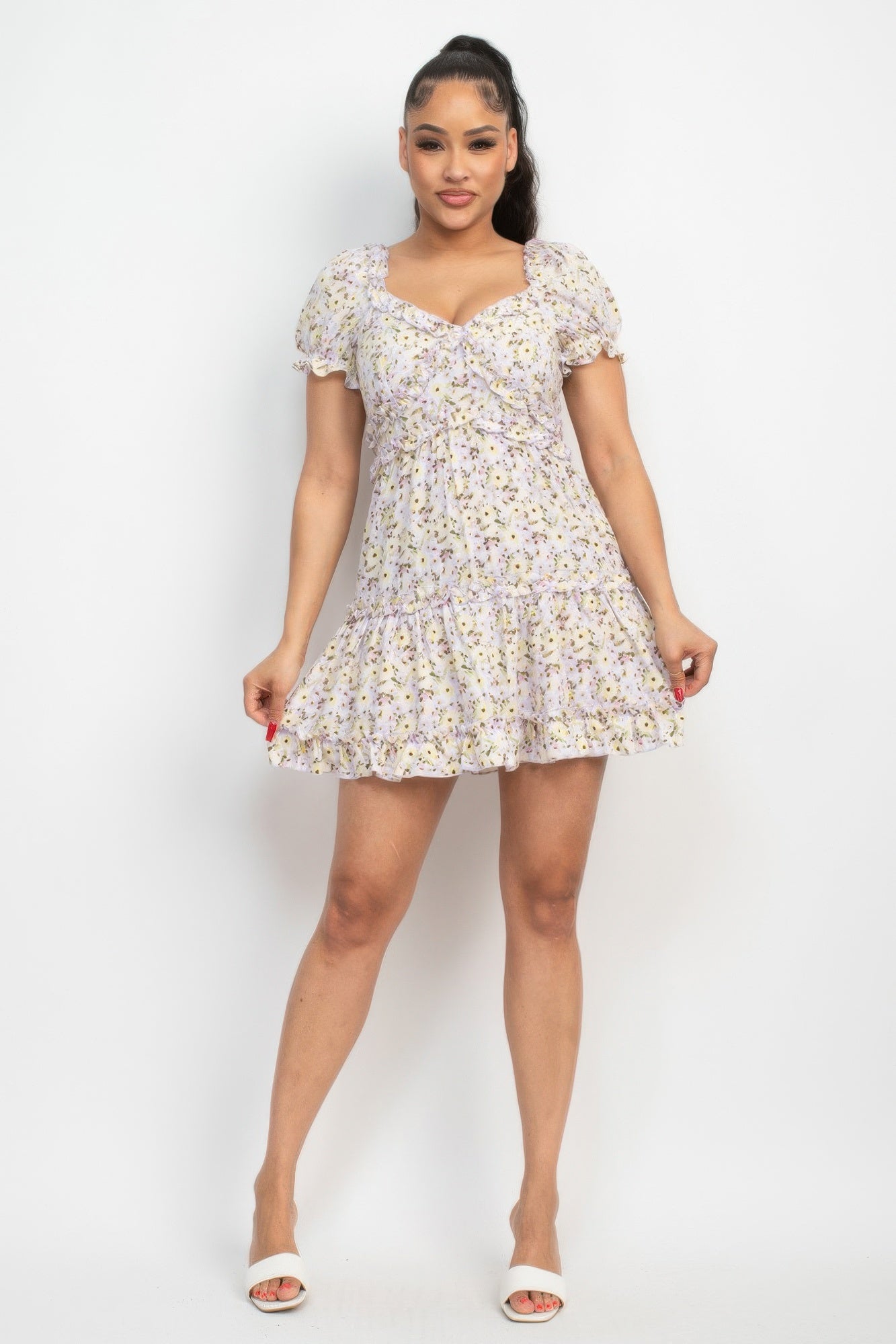 Lavender Ruffled Mini Floral Dress – Short ruffled Sleeves, A-Line Fit & V-Neck | Lightweight & Feminine
