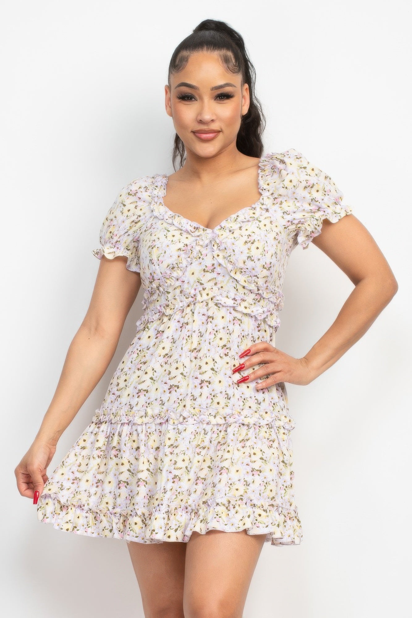 Lavender Ruffled Mini Floral Dress – Short ruffled Sleeves, A-Line Fit & V-Neck | Lightweight & Feminine