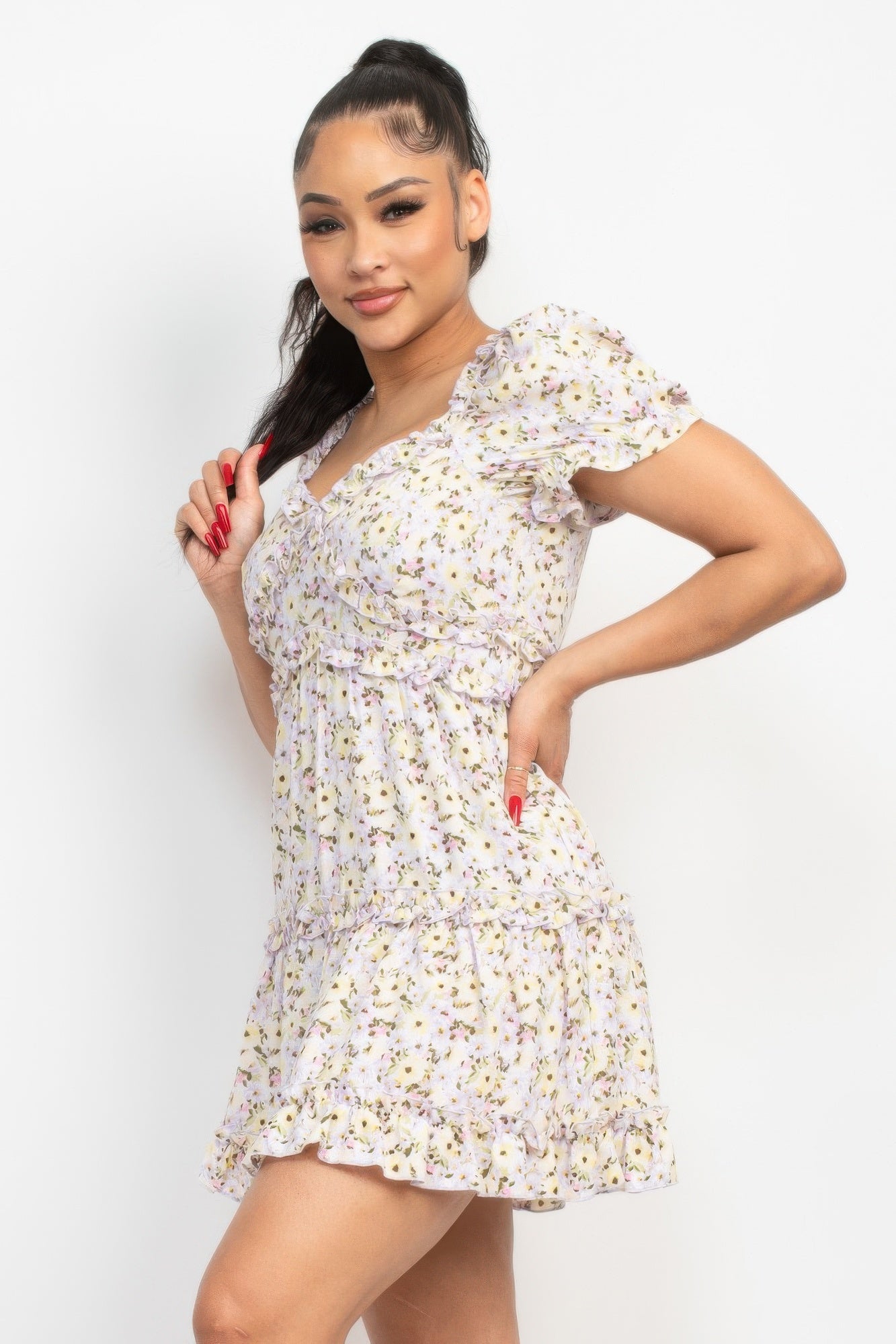 Lavender Ruffled Mini Floral Dress – Short ruffled Sleeves, A-Line Fit & V-Neck | Lightweight & Feminine