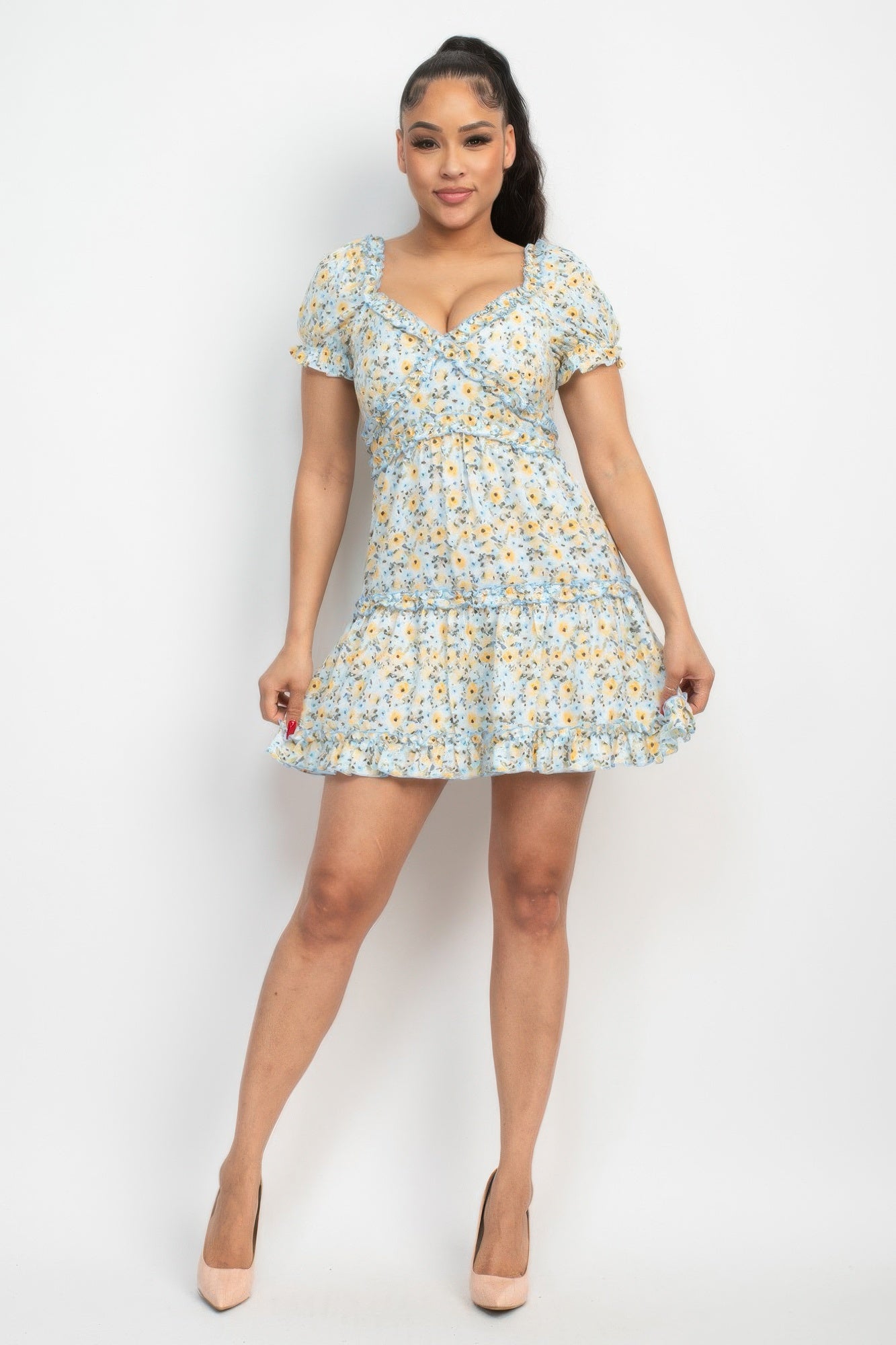 Blue Ruffled Short Sleeve Mini Floral Dress|Feminine & Flowy Style