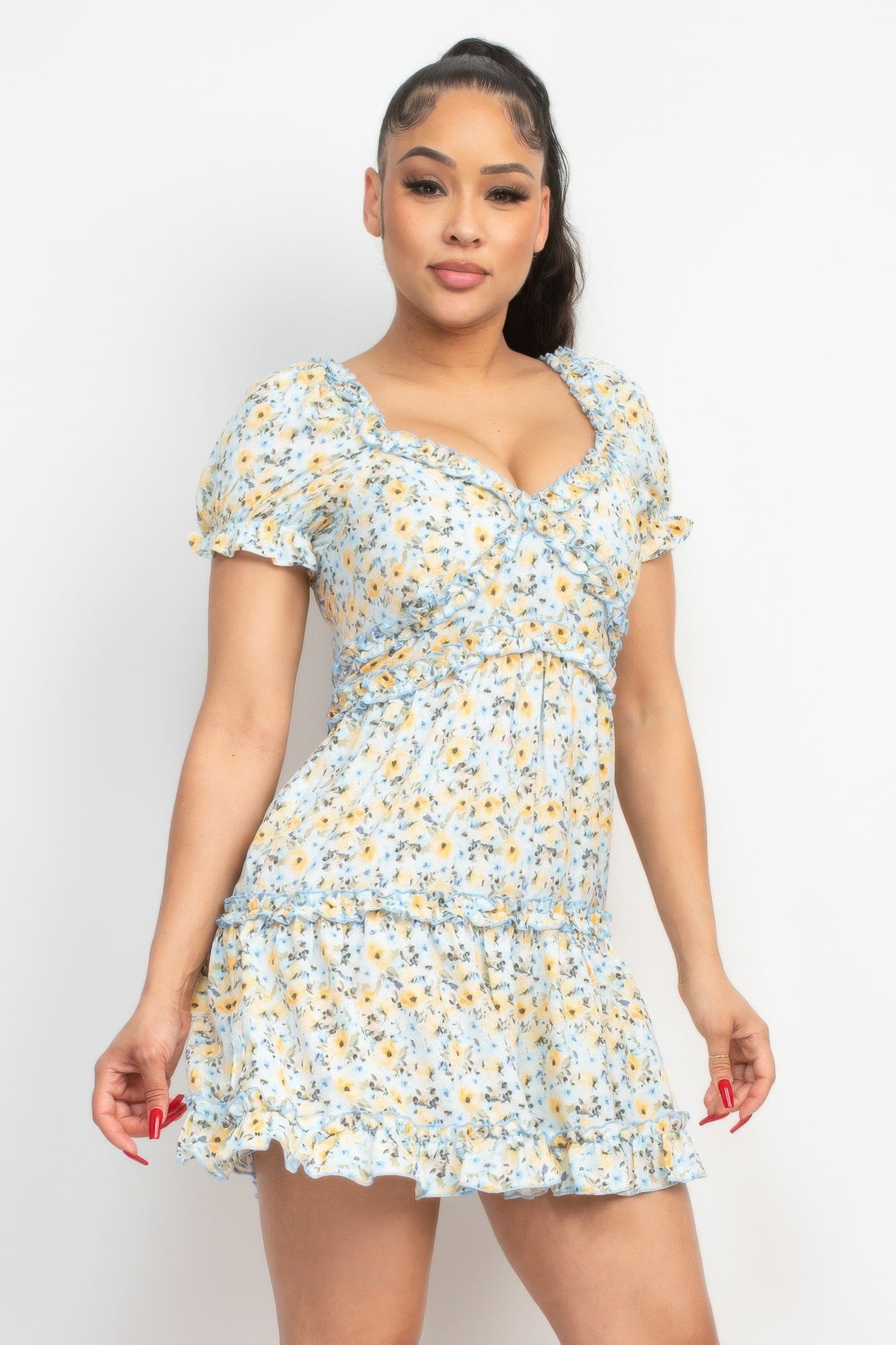 Blue Ruffled Short Sleeve Mini Floral Dress|Feminine & Flowy Style